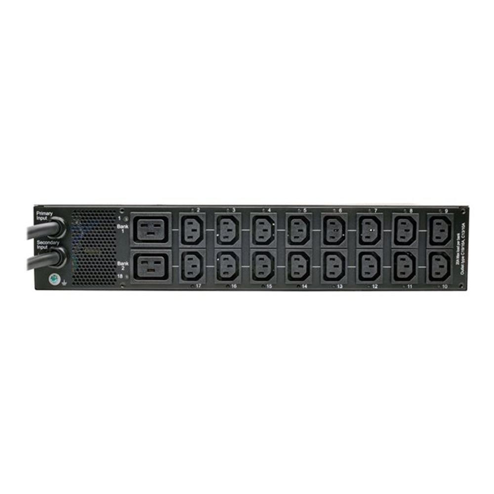 7.7kW Single-Phase Switched Automatic Transfer Switch PDU Two 200-240V IEC309 32A Blue Inputs 16-C13 2-C19 Outlets 2U TAA