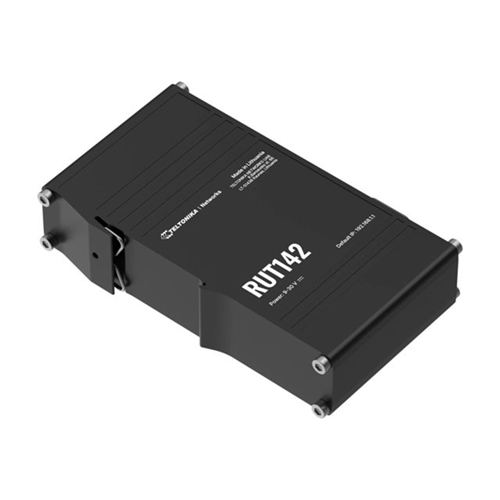 Compact industrial Ethernet router equipped with the RS232 serial interface twoEthernet ports DIN rail bracket and an industrial 3-pin connector.