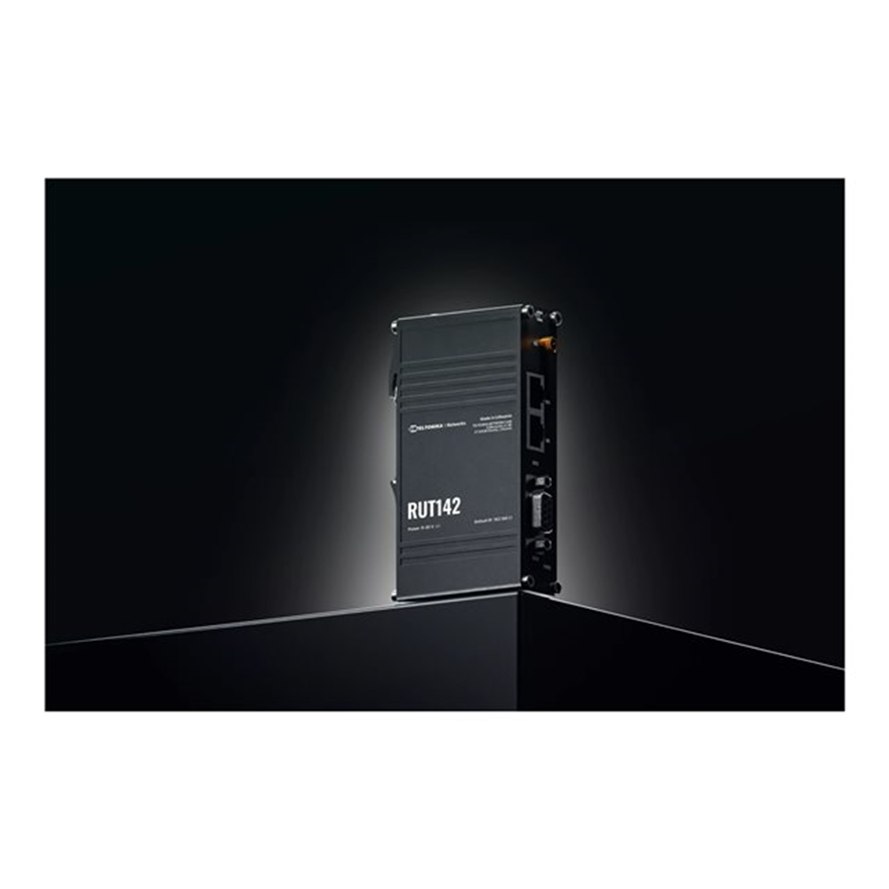 Compact industrial Ethernet router equipped with the RS232 serial interface twoEthernet ports DIN rail bracket and an industrial 3-pin connector.