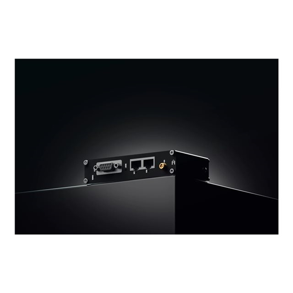 Compact industrial Ethernet router equipped with the RS232 serial interface twoEthernet ports DIN rail bracket and an industrial 3-pin connector.