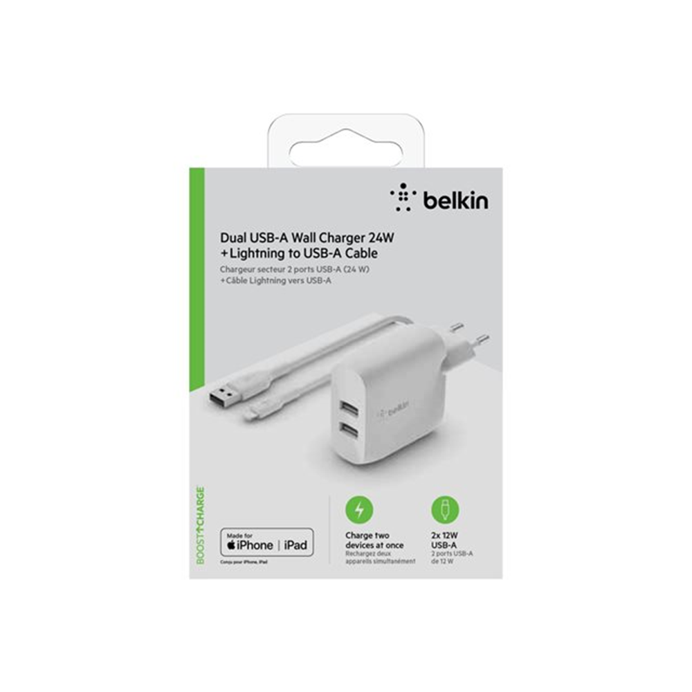 Dual USB-A Wall Charg w/1M PVC A-LTG 24W