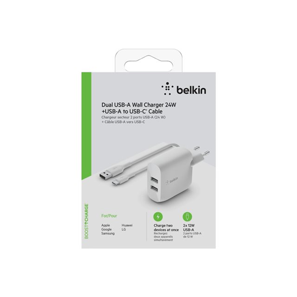Dual USB-A Wall Charger w/1M PVC A-C 24W