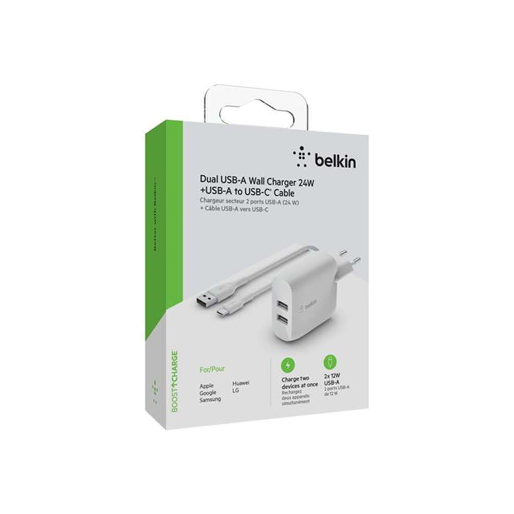 Dual USB-A Wall Charger w/1M PVC A-C 24W