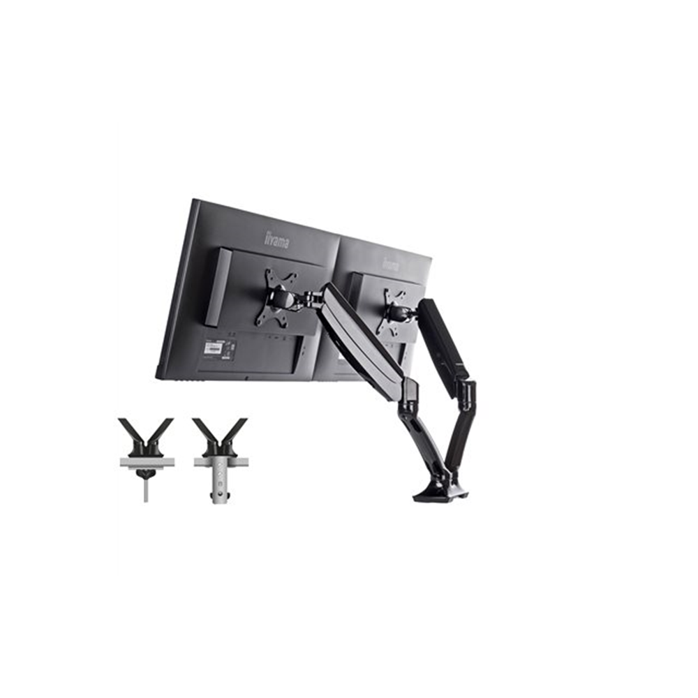 Flexible desk mount for dual monitor with height adjustable gas spring. Deskmount with clamp or grom