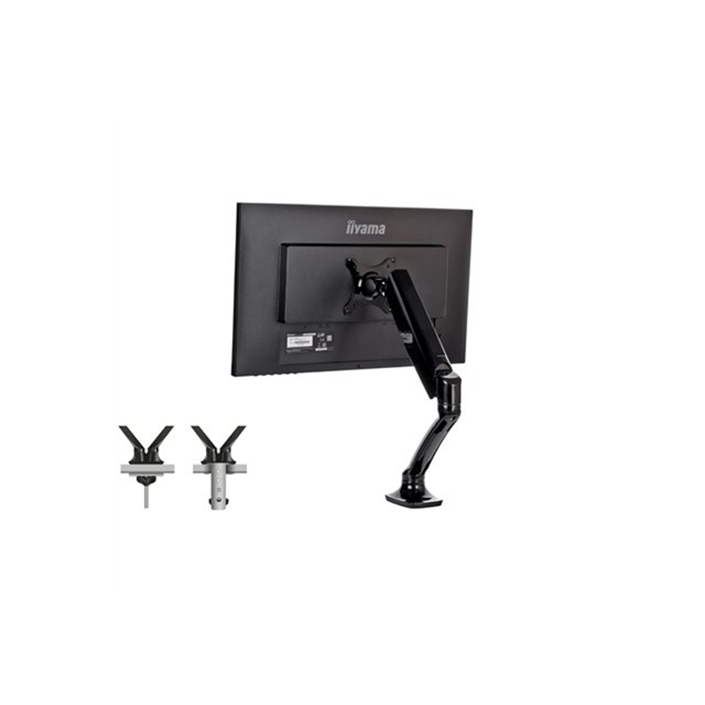 Flexible desk mount for single monitor with height adjustable gas spring. Deskmount with clamp or gr