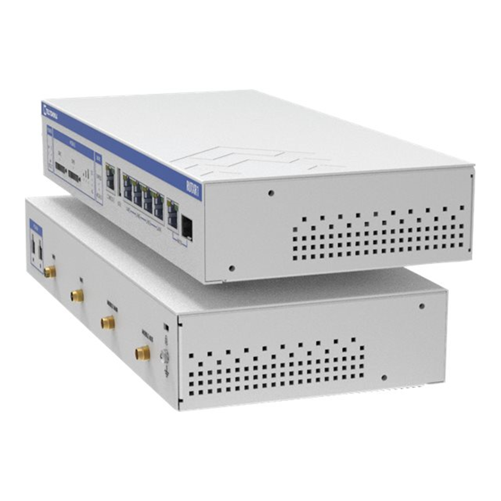Rack-mountable LTE Cat 6 router comes with redundant power supplies WAN failover dual-SIM SFP USB and dedicated consoleports.