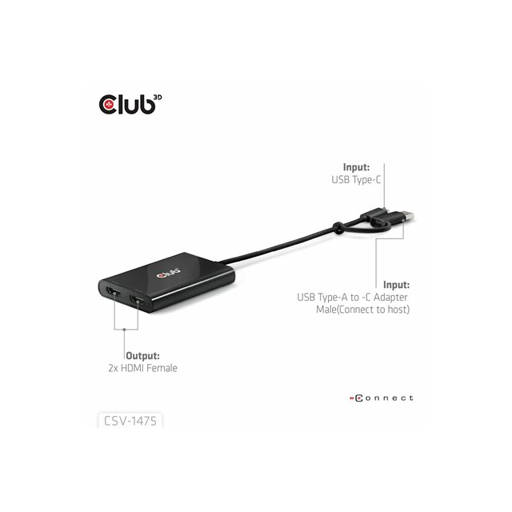 USB TYPE-C (WITH USB TYPE-A ADAPTER ) TO DUAL HDMI (4K60HZ) VIDEO SPLITTER WITHDISPLAYLINK(R)