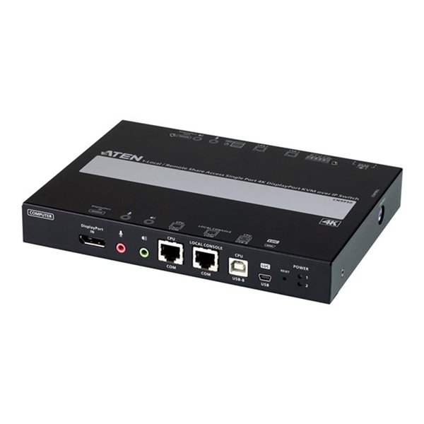1-Port 4K DisplayPort KVM over IP Switch with Local or Remote Access  Virtual Media  Power/LAN Redundancy  Audio  Remote PC Reboot and RS-232 Control