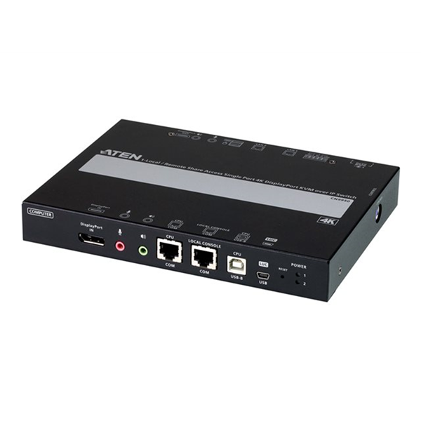 1-Port 4K DisplayPort KVM over IP Switch with Local or Remote Access  Virtual Media  Power/LAN Redundancy  Audio  Remote PC Reboot and RS-232 Control