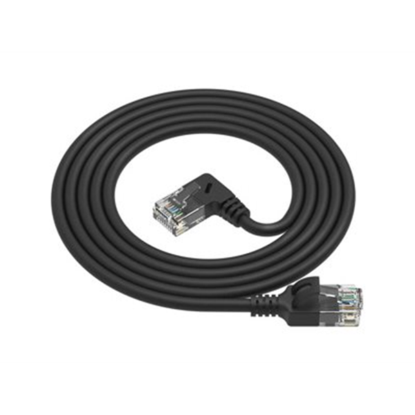 ACT Zwarte 0 5 meter U/UTP CAT6A LSZH Slimline patchkabel met RJ45 connectoren recht naar 90 haaks rechts