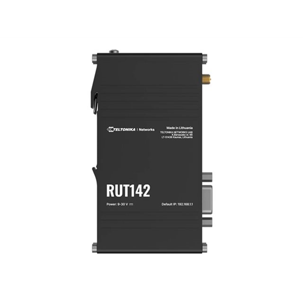 Compact industrial Ethernet router equipped with the RS232 serial interface twoEthernet ports DIN rail bracket and an industrial 3-pin connector.