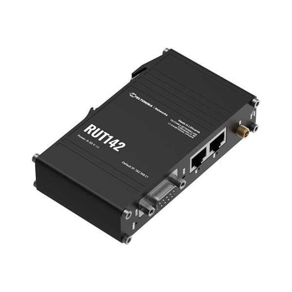 Compact industrial Ethernet router equipped with the RS232 serial interface twoEthernet ports DIN rail bracket and an industrial 3-pin connector.