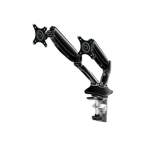 Flexible desk mount for dual monitor with height adjustable gas spring. Deskmount with clamp or grom