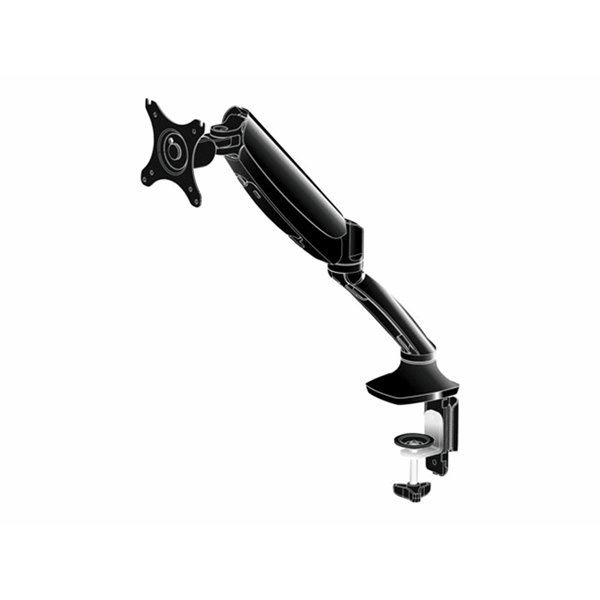 Flexible desk mount for single monitor with height adjustable gas spring. Deskmount with clamp or gr