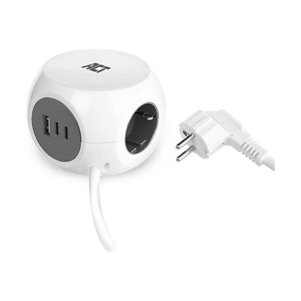Power strip cube with 3 sockets (type F) 30W Power Delivery USB-C/A ports cablelength 1.5m