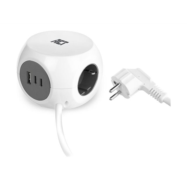 Power strip cube with 3 sockets (type F) 30W Power Delivery USB-C/A ports cablelength 1.5m