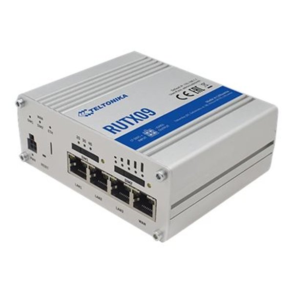 RUTX09 is an LTE-A Cat 6 cellular IoT router with dual-SIM Carrier Aggregation and four Gigabit Ethernet interfaces.