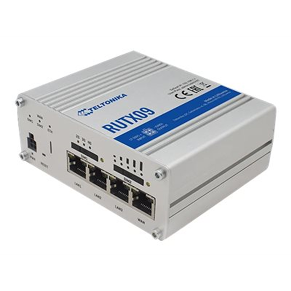 RUTX09 is an LTE-A Cat 6 cellular IoT router with dual-SIM Carrier Aggregation and four Gigabit Ethernet interfaces.