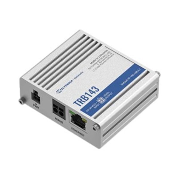 TRB143 industrial gateway with M-Bus interface. It has cellular & wired connectivity one Gigabit Ethernet port and I/Os. TRB143 industrial gateway with M-Bus interface. It has cellular & wired connectivity one Gigabit Ethernet port and I/Os.