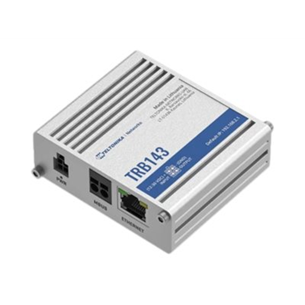 TRB143 industrial gateway with M-Bus interface. It has cellular & wired connectivity one Gigabit Ethernet port and I/Os.
